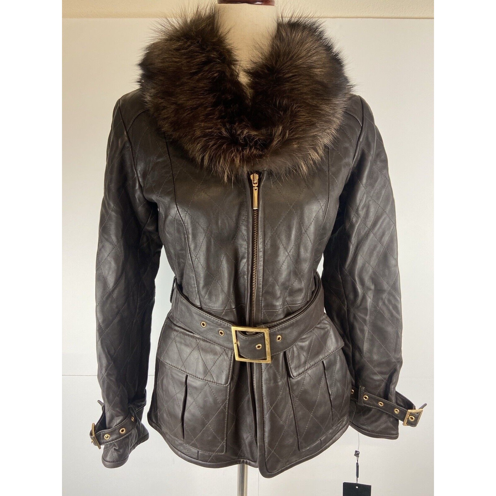 Ellen Tracy Collection Brown Leather Fur Trim Belted Jacket Size: Xs